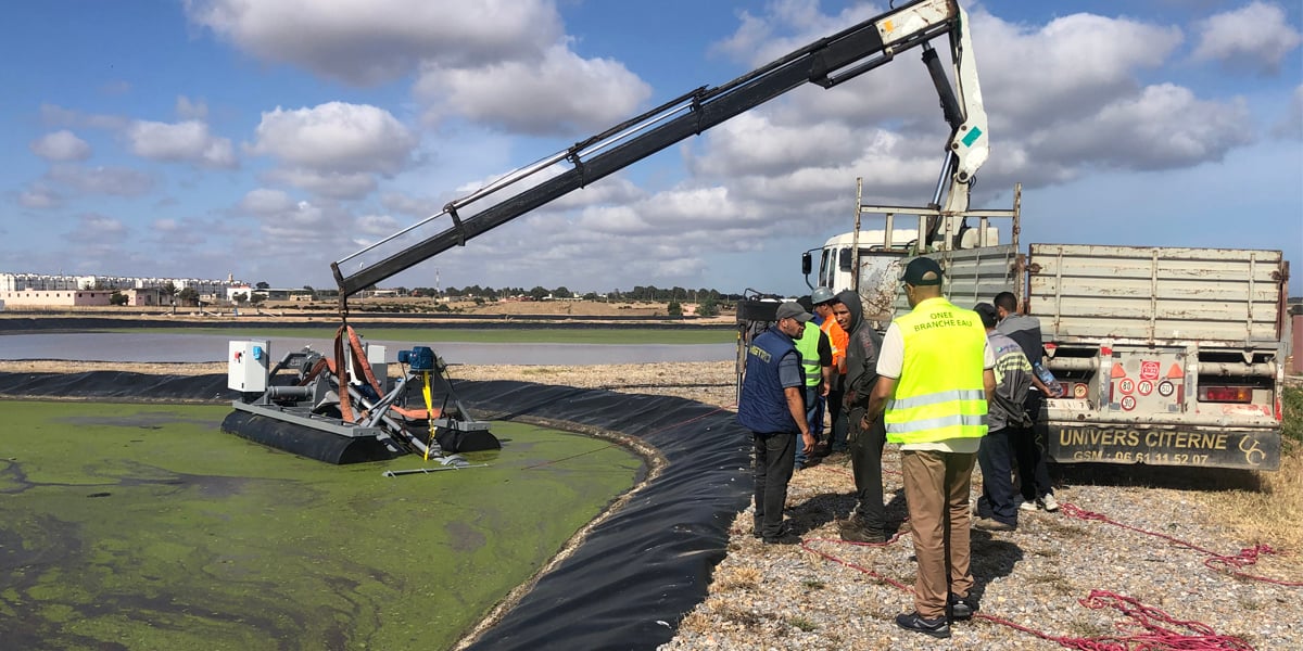 Flump being lowered into lined lagoon in Morocco